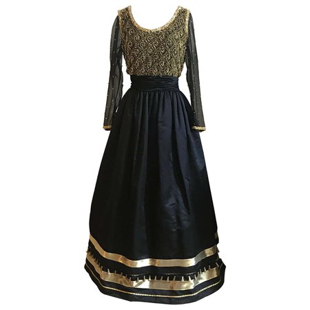 Victoria Royal Black and Gold Embellished Beaded Tassel Gown Long Sleeve For Sale at 1stDibs