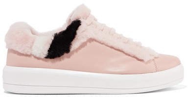 Shearling-trimmed Leather Sneakers - Blush