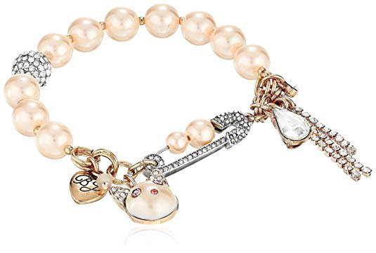 Betsey Johnson Cat Multi Charm Pearl Stretch Bracelet, Pink, One Size: Clothing