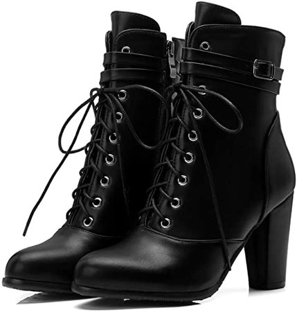 Amazon.com | Women Thick High Heel Ankle Boots Lace Up Cross-Tied Buckle Zipper Non Slip Round Toe Winter Boots | Ankle & Bootie