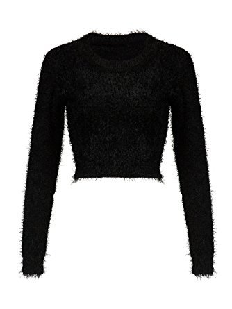 Women's Black Fluffy Long Sleeve Knit Crop Top Sweater Jumper