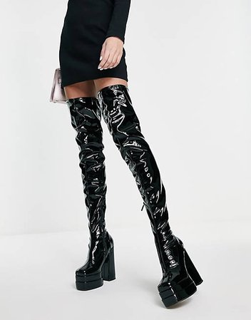 ASOS DESIGN Kathleen high-heeled platform over the knee boots in black patent | ASOS