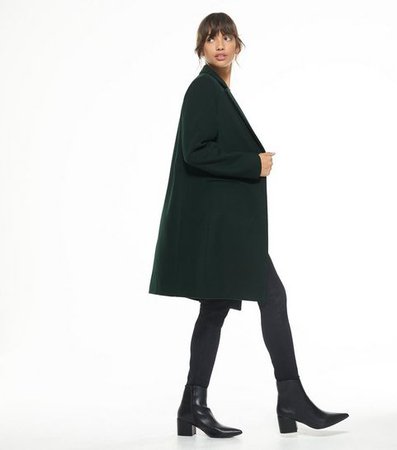 Dark Green Revere Collar Long Coat | New Look