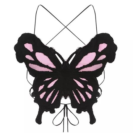 Denim black and pink butterfly crop top Halter neck... - Depop