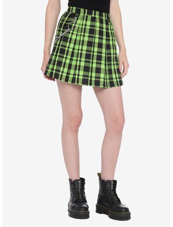 Green & Black Plaid Pleated Chain Skirt