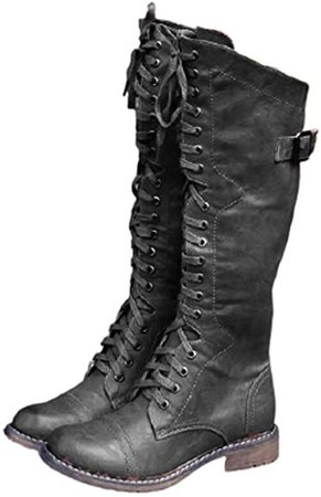 SO SIMPOK Women's Round Toe Lace Up Knee High Riding Boots Low Heel Criss Cross Combat Boots Brown | Knee-High