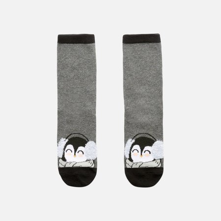 Dark grey socks with stripes and penguin – Bizou