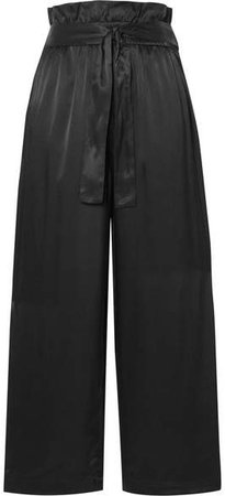 Belted Cropped Satin Wide-leg Pants - Black