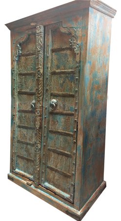 Consigned Farmhouse Antique Arched Door Cabinet Blue Distressed Armoire - Mediterranean - Armoires And Wardrobes - by Mogul Interior