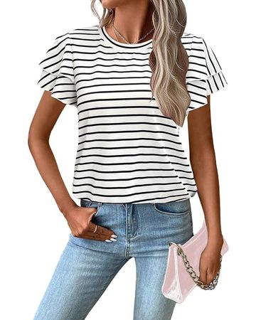LilyCoco Women's Striped T-Shirt Ruffle Short Sleeve Tops Casual Basic Tees Black White Striped Large at Amazon Women’s Clothing store