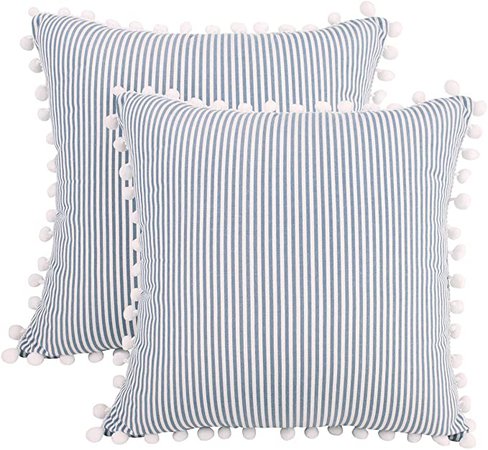 Amazon.com: JASEN Farmhouse Stripe Decorative Pillow Covers, Set of 2 Navy and Blue Cotton Woven Decorative Throw Pillowcase Cushion Case Covers with Balls 18x18 Inch: Home & Kitchen