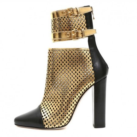 Gold and Black Caged Chunky Heel Boots Hollow out Buckles Ankle Boots