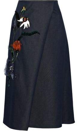 Wrap-effect Floral-appliqued Denim Midi Skirt