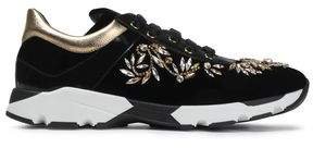 Rene' Caovilla Embellished Paneled Velvet And Leather Sneakers