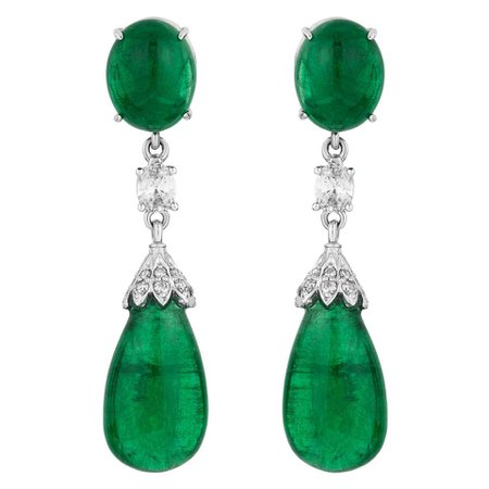 Andreoli CDC Certified Emerald Cabochon Diamond Drop Earrings 18 Karat Gold For Sale at 1stDibs