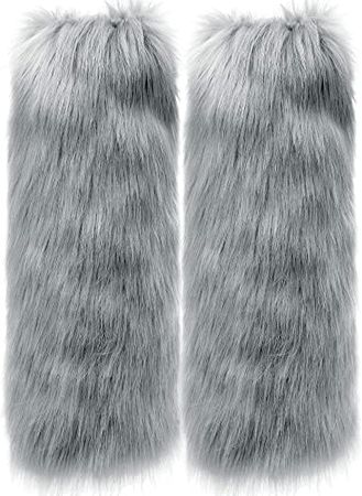 Leg Warmers Women Faux Fur Fuzzy Long Boots Shoes Cuff Cover Furry Costume Grey at Amazon Women’s Clothing store