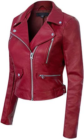 Design by Olivia Women's Long Sleeve Zipper Closure Moto Biker Faux Leather Jacket Burgundy M at Amazon Women's Coats Shop