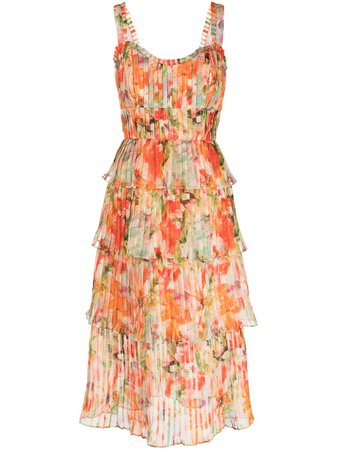 Marchesa Notte pleated floral tiered dress