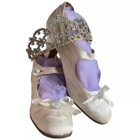 Antique Dutch Wedding Bridal Shoes Ivory Silk Ribbon Bows Glass Stones - Ruby Lane