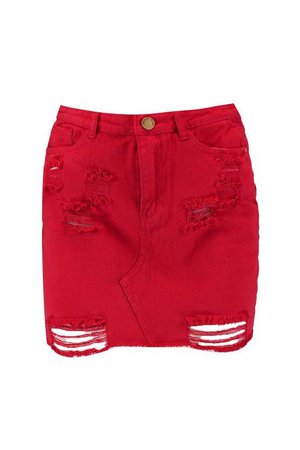 Red Distressed Denim Mini Skirt | Boohoo