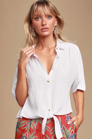 Cute White Top - Button-Up Top - Button-Up Tie-Front Top - Blouse