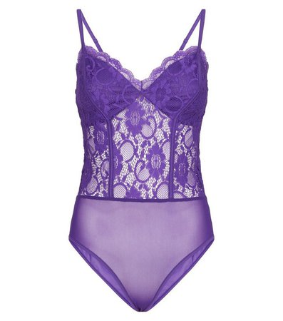 Dark Purple Sweetheart Neck Lace Party Bodysuit | New Look