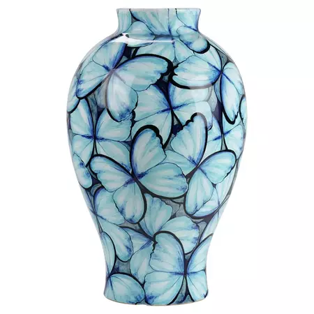 Blue Ceramic Majolica Vase Vessel Decorative Butterflies Hand Painted Italy For Sale at 1stDibs