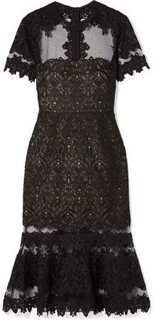 Fluted Tulle And Guipure Lace Midi Dress - Black