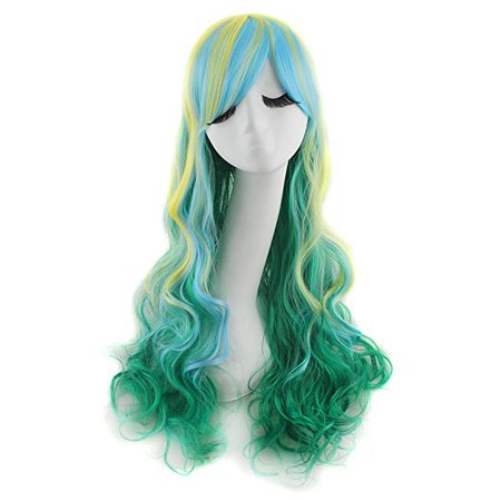 MapofBeauty 28" Wavy Multi-Color Lolita Cosplay Wig Party Wig (Lingt Blonde/ Blue/ Green)