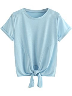 Romwe Women's Short Sleeve Tie Front Knot Casual Loose Fit Tee T-Shirt at Amazon Women’s Clothing store:
