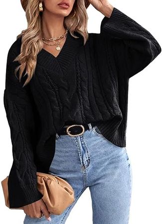 Veatzaer Womens Cable Knit Sweaters V Neck Pullover Tops Long Sleeve Casual Sweater Blouse Oversize Knit Shirts S-XXL at Amazon Women’s Clothing store