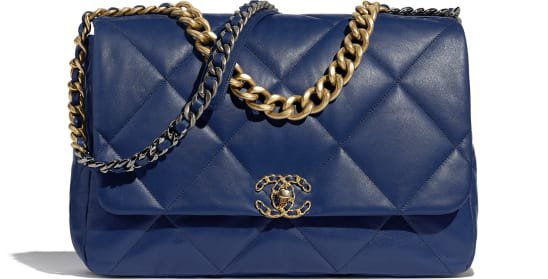 CHANEL 19 Maxi Flap Bag, goatskin, gold-tone, silver-tone & ruthenium-finish metal, dark blue - CHANEL
