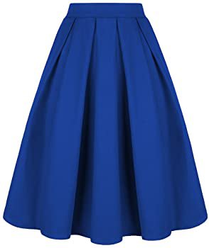 Tandisk Women's High Waist Flared Skirt Pleated Midi Skirt with Pocket Blue L at Amazon Women’s Clothing store