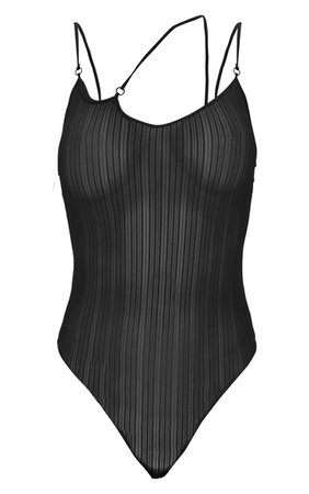 Black Textured Mesh Asymmetric Bodysuit | PrettyLittleThing USA