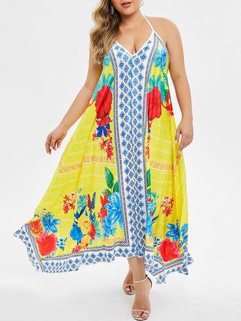 [68% OFF] Plus Size Handkerchief Floral Backless Maxi Dress | Rosegal