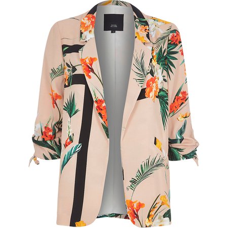 Light pink tropical ruched sleeve blazer - Blazers - Coats & Jackets - women