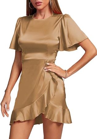 Amazon.com: LYANER Women's Satin Wrap Front Ruffle Hem Short Sleeve A Line Cocktail Party Mini Dress : Clothing, Shoes & Jewelry
