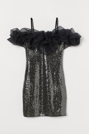Sequined Mesh-detail Dress - Black