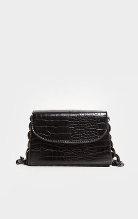 Black Croc Chunky Chain Shoulder Bag | PrettyLittleThing