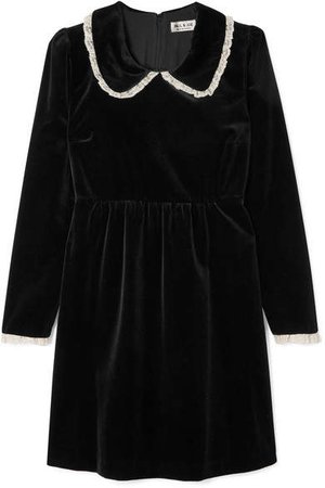 Lace-trimmed Velvet Mini Dress - Black