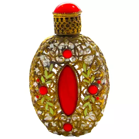 Pretty Vintage Czech Perfume Bottle with Ruby Red Stones. : Grand Tour Antiques | Ruby Lane