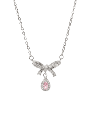 silver bow with pink gem necklace