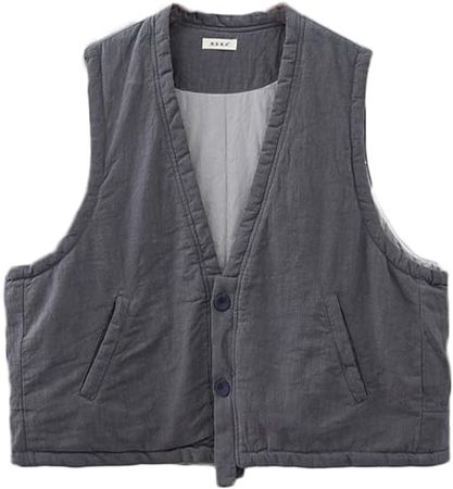 NFYM Women's Quilted Vest Vintage Cotton Linen V-Neck Button Down Warm Padded Sleeveless Jacket Gilet (as1, alpha, one_size, regular, regular, Grey, One Size) at Amazon Women's Coats Shop