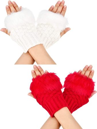 Boao 2 Pairs Fingerless Winter Gloves Short Touchscreen Gloves Thumb Hole Mittens Knitted Warm Gloves with Faux Fur (White and Red) : Clothing, Shoes & Jewelry