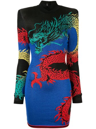 Balmain high-neck Dragon Print Dress - Farfetch