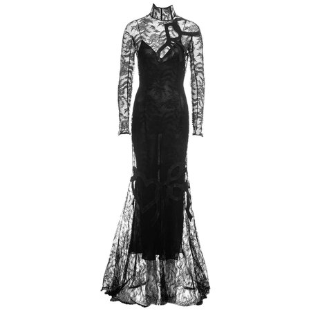 John Galliano black lace and leather trained long-sleeve evening dress, fw 2001 For Sale at 1stDibs