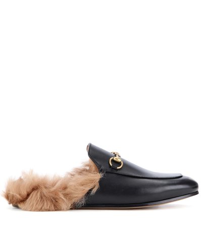 Princetown Fur-Lined Leather Slippers - Gucci |