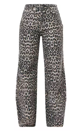 Brown Leopard Print Denim Wide Leg Denim Jean | PrettyLittleThing USA