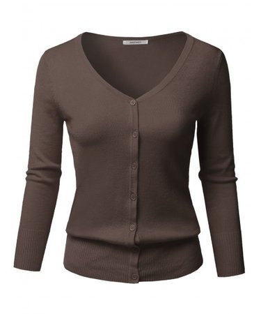 Women's Solid Button Down V-Neck 3/4 Sleeves Knit Cardigan | 30 Coffee