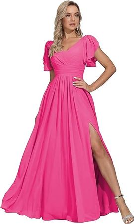 Amazon.com: Hegabch Long Chiffon Bridesmaid Dresses for Women Short Sleeve V Neck Formal Evening Dress with Slit : Clothing, Shoes & Jewelry
